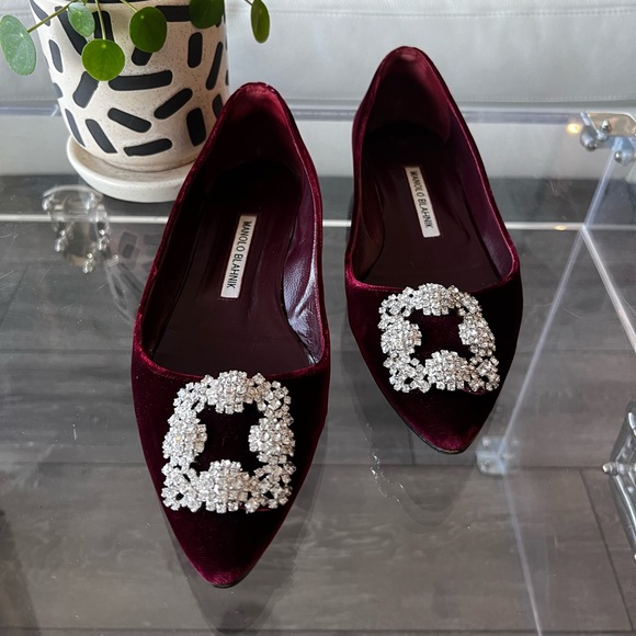 MANOLO BLAHNIK HANGISI FLAT IN BURGUNDY VELVET - Picture 3 of 10